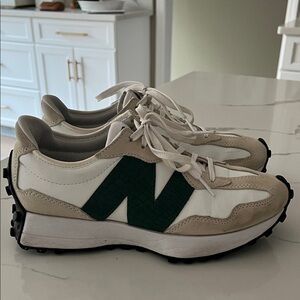New Balance White and Green 327 Sneakers